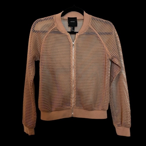 Forever 21 Netted Cropped Tan Front Zip Bomber Jacket Coverup  Sz.S - Picture 6 of 8
